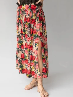 Addie Midi Skirt - Tan Red Roses