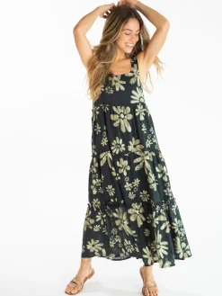 Adele Cotton Midi Dress - Black Cream Daisies