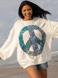 Applique Crewneck Sweatshirt - White Peace Sign