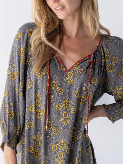 April Mini Dress - Grey Yellow Scrolls