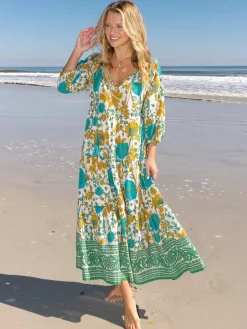 Auguste Cotton Maxi Dress - Cream Green Border