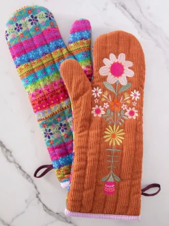 Bake Happy Double-Sided Oven Mitt - Rust Folk Flower