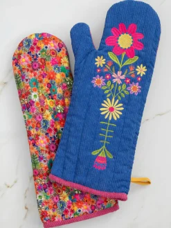 Bake Happy Double-Sided Oven Mitt - Blue Folk Flower Patchwork