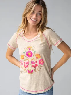 Boho Cotton Tee Shirt - Cream Folk Flower