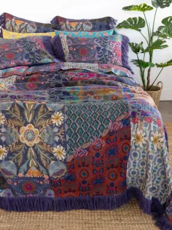 Boho Fringe Bedspread - Blue Patchwork