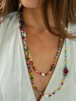 Boho Glass u0026 Pearl Beaded Necklace - Multicolor