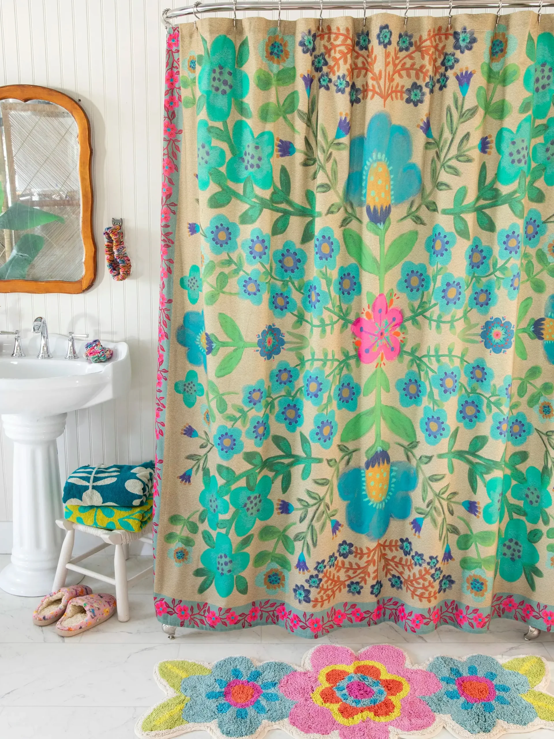Boho Shower Curtain - Tan Folk Flower