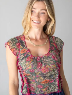 Brianna Cotton Ruffle Trim Top - Green Painterly Vines