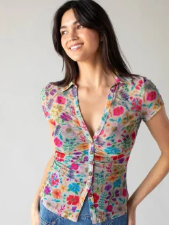 Carina Mesh Short Sleeve Top - Rainbow Garden Cream
