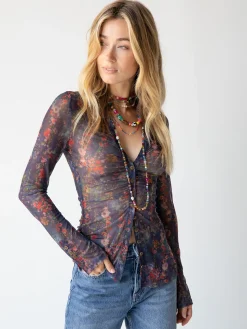 Carina Mesh Top - Watercolor Indigo Floral