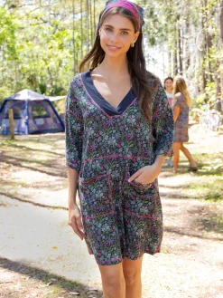 Charlie Cotton V-Neck Mini Dress - Dark Blue Garden