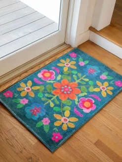 Chenille Rug, 2' x 3' - Teal Folk Floral