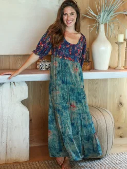 Collette Tiered Maxi Dress - Navy Turquoise Floral