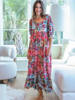 Collette Tiered Maxi Dress - Blue Red Floral