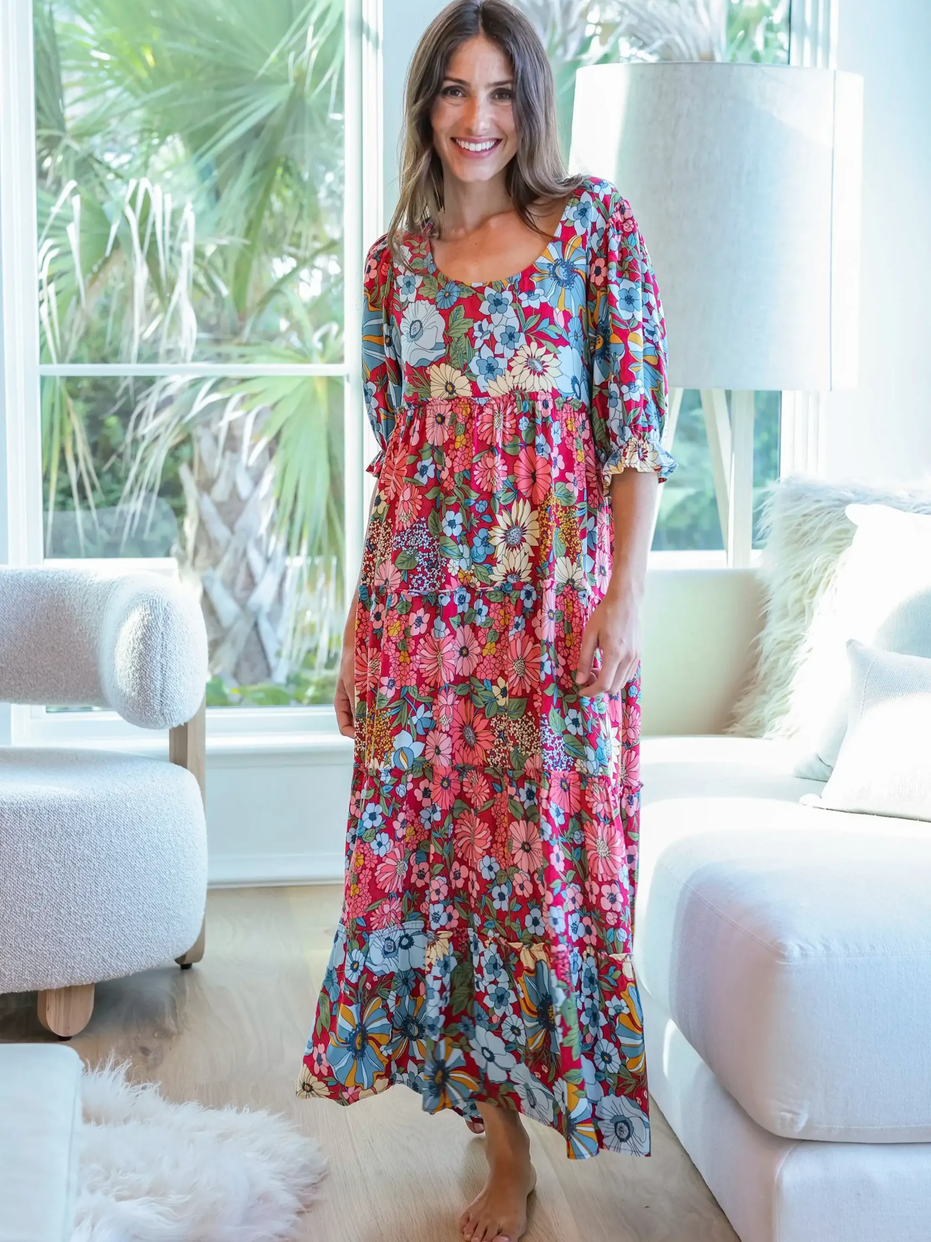 Collette Tiered Maxi Dress - Blue Red Floral