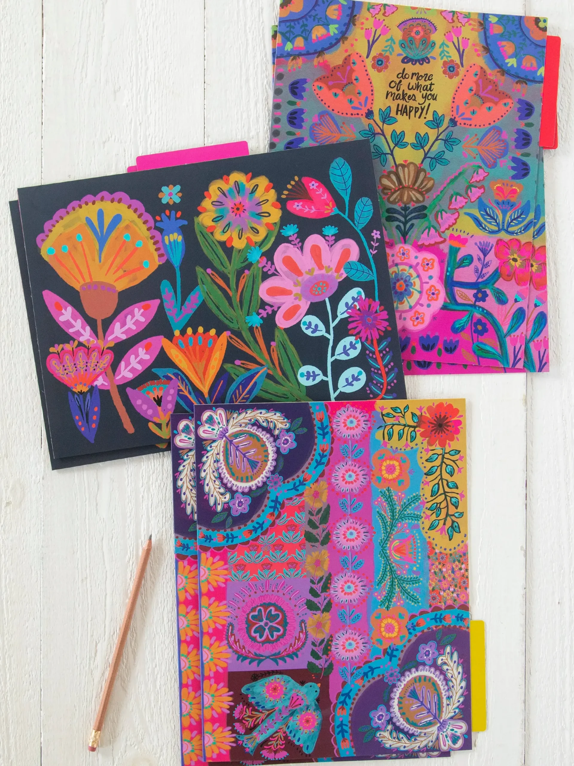Colorful File Folders, Set of 6 - Navy Folk Flower