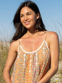 Cosette Embroidered Cotton Maxi Dress - Turquoise Orange Stripes