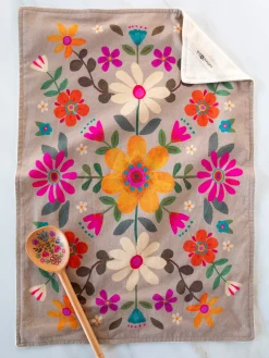 Cotton Dish Towel - Taupe Folk Flower