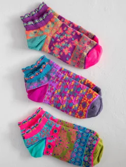 Cozy Ankle Socks, Set of 3 - Mustard Floral