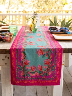 Double-Sided Bohemian Bungalow Table Runner - Teal Borders