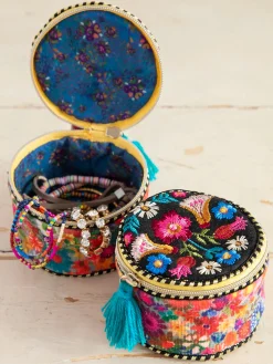Embroidered Jewelry Case - Black Folk Flower