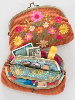 Embroidered Kisslock Coin Purse - Rust Folk Flower