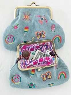 Embroidered Kisslock Coin Purse - Denim