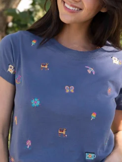 Fave Little Things Embroidered Tee - Indigo Doodle