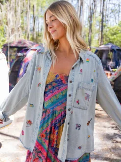 Fave Little Things Embroidered Shirt - Light Wash Denim