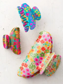 Floral Claw Clips, Set of 3 - Cream Mustard Coral Floral