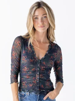 Florence Mesh Top - Navy Red Feathers