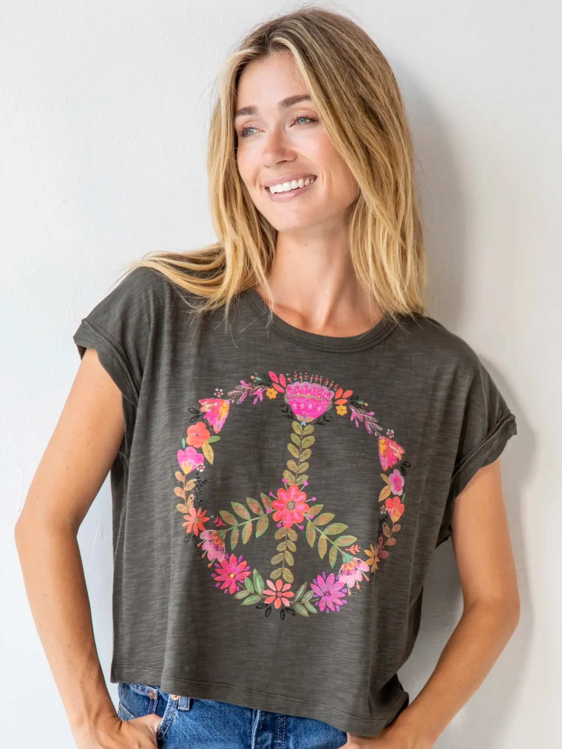 Frankie Cotton Boxy Tee Shirt - Charcoal Peace Sign