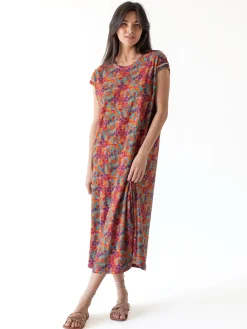 Frankie Knit Cotton Tee Midi Dress - Rust Turquoise Floral