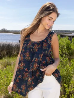 Free Spirit Cotton Tank Top - Navy Red Feathers