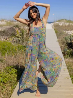 Gabi Jumpsuit - Blue Watercolor Patchwork