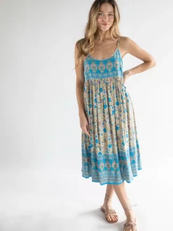 Gigi Midi Dress - Tan Blue Border