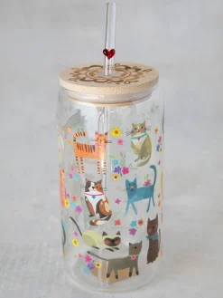 Glass Tumbler With Lid u0026 Straw - Cat