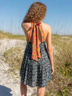 Halle Halter Mini Dress - Teal Floral Medallion