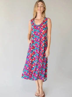 Hangout Cotton Midi Dress - Blue Pink Floral