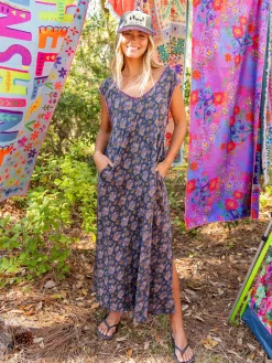 Hangout Cotton Midi Dress - Slate Floral Blooms
