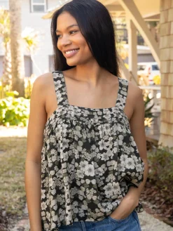 Kate Pleated Tank Top - Black White Floral