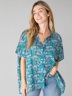 Kelly Oversized Cotton Button Down - Blue Floral Vines