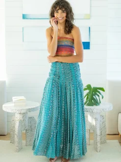 Laurel Convertible Maxi Skirt - Turquoise Cream Stripes Cotton