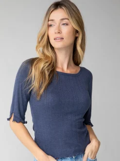 Leah Pointelle Top - Slate Blue