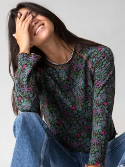 Lily Cotton Long Sleeve Tee Shirt - Dark Blue Garden