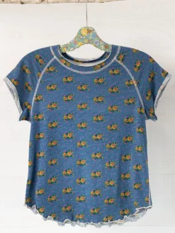 Lily Cotton Short Sleeve Tee Shirt - Blue Polka Dot Floral