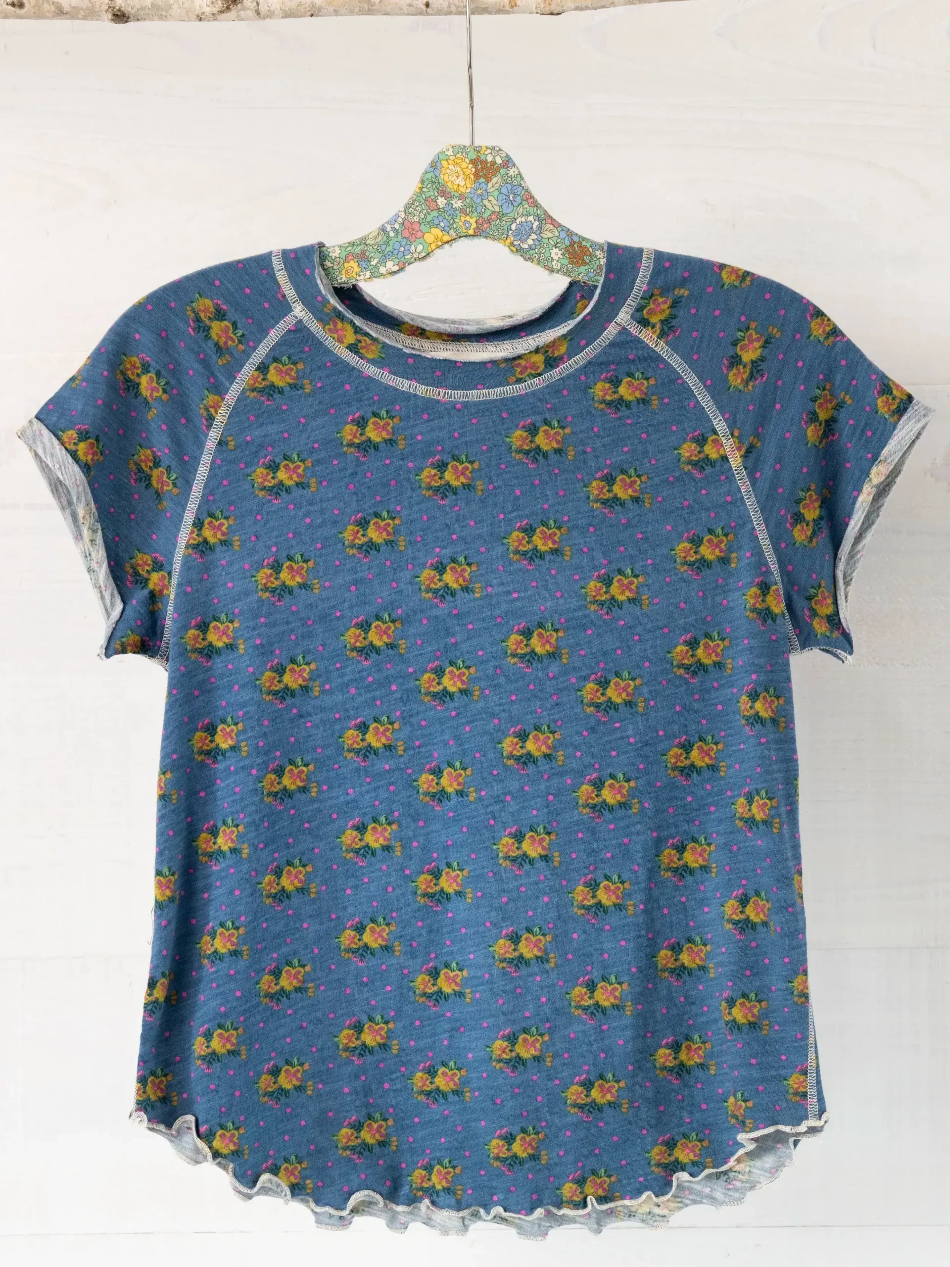 Lily Cotton Short Sleeve Tee Shirt - Blue Polka Dot Floral