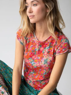 Lily Cotton Short Sleeve Tee Shirt - Pink Red Floral