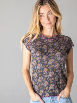 Lily Cotton Short Sleeve Tee Shirt - Slate Floral Blooms