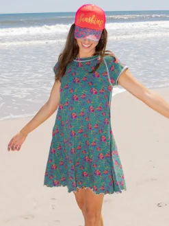 Lily Knit Cotton Tee Dress - Turquoise Floral Medallions